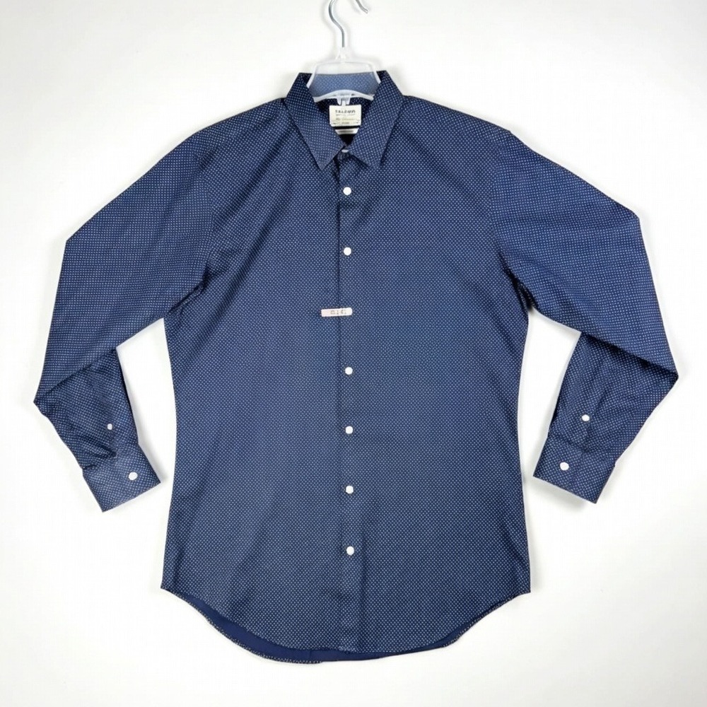 TM Lewin Men's 17 43cm 36 97cm Fitted Dress Shirt Navy Blue Geometric Dot Cotton